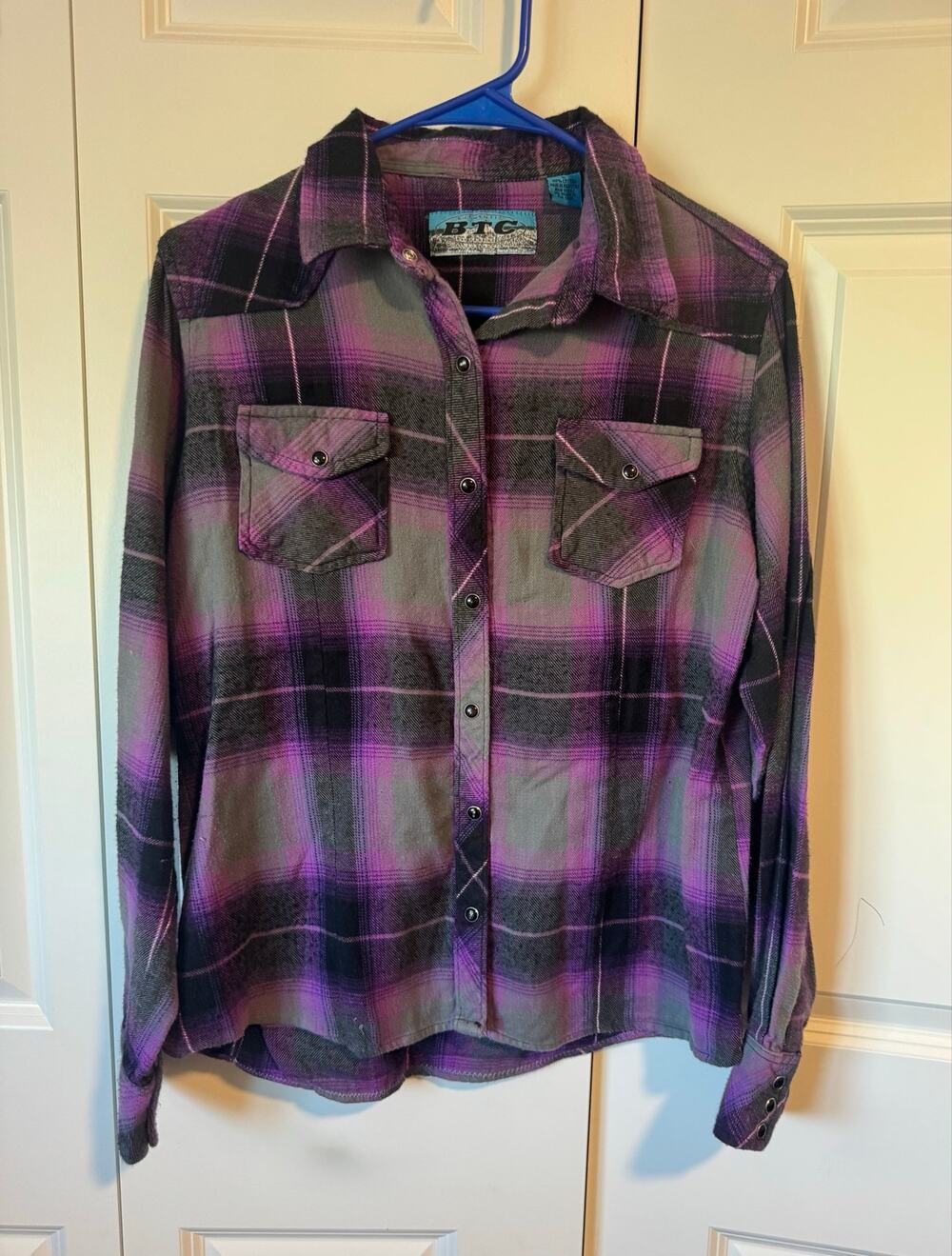 BTC Authentic Purple Plaid Flannel Shirt Elton John Graphic Back Patch
